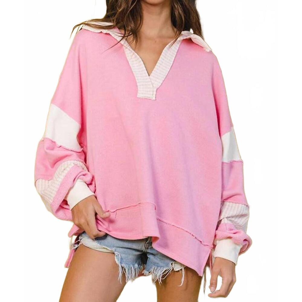 NEW BUCKETLIST french terry knit color-block collared loose fit top in pink